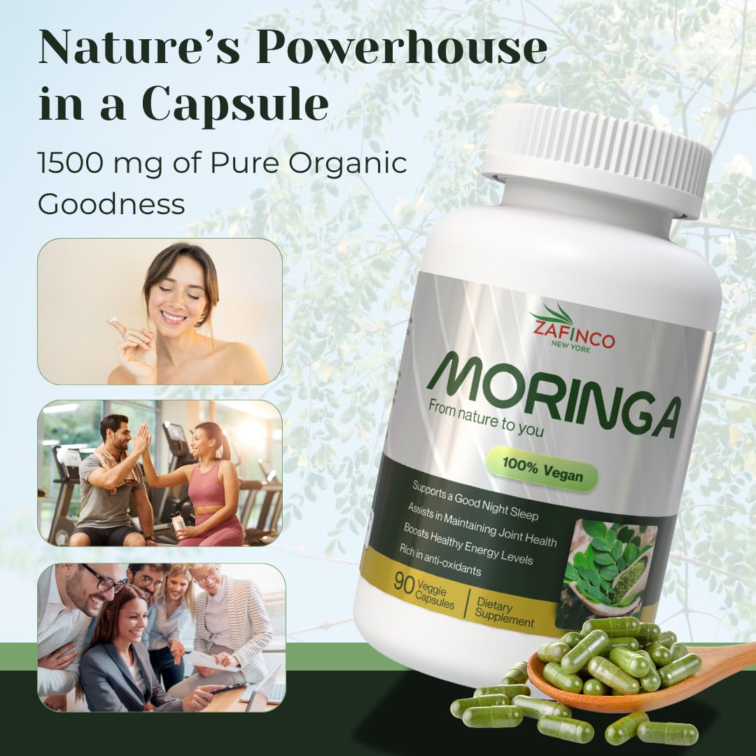 ZAFiNCO Moringa Capsules-1500 mg Organic Moringa Powder Capsules for Energy, Skin, Gut Health, Metabolism, & Immune Support, Rich in Antioxidants, Essential Vitamins & Amino Acids, 90ct