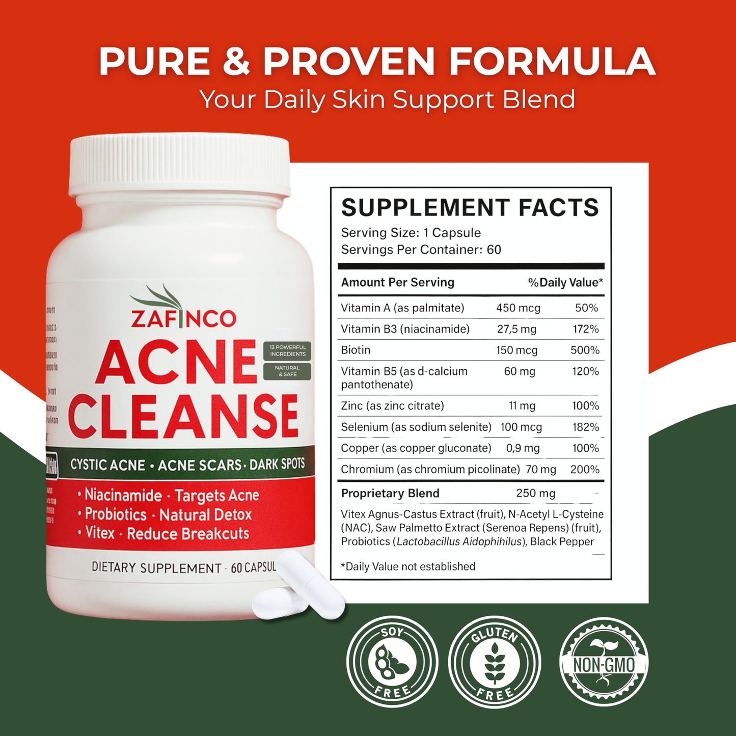 Acne Cleanse Capsules.Powerful Vitex Angus Extract, Niacinamide, Biotin for Teens & Adults. Organic Acne Treatment,Cystic Pimples, Oily Skin to Natural Clear Skin Vitamins Supplement- 60 Count