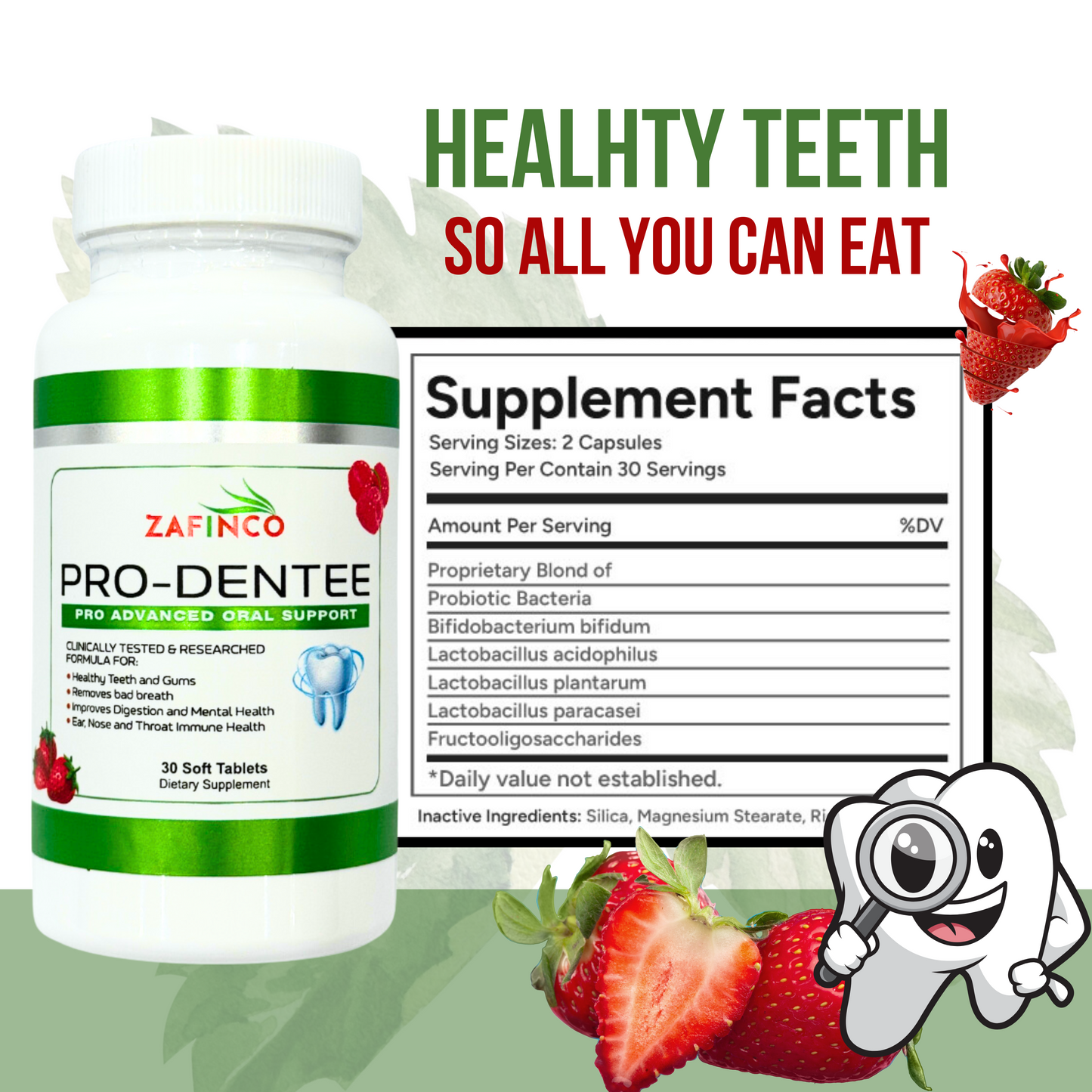 ZAFINCO-PRODENTEE Teeth & Gums health. Advanced 3.5 Billion CFU Oral/Dental Probiotics for Reduce Mouth Bad Breath,Ear,Nose and Throat Health-Mint Flavored Soft Chewable Tablet, 30 Count-Made in USA