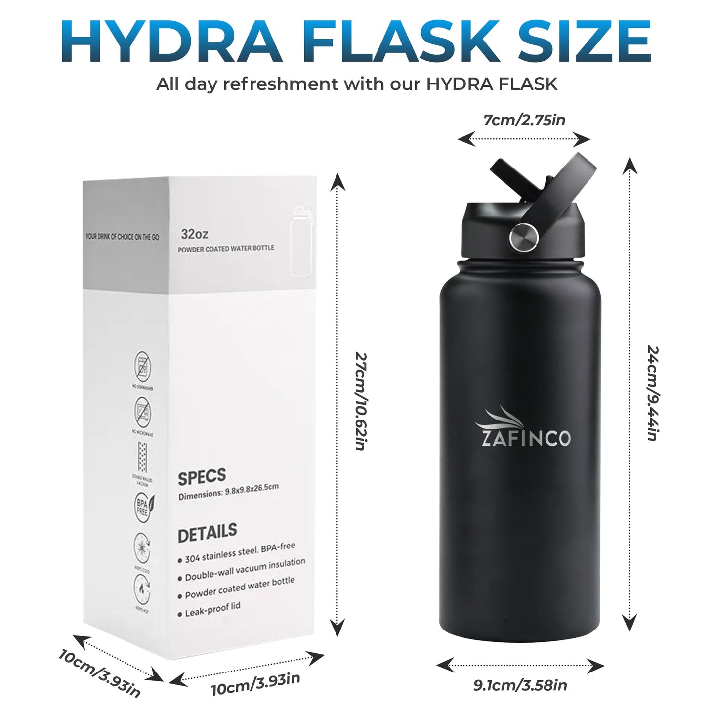 HYDRA FLASK-Tharmal insulated Hiking Hydration Flask- Leak Proof closeable lid & BPA Free Stainless Steel Water Bottle for everyday life-travel, gym and school-Hot & cold- 32 oz.