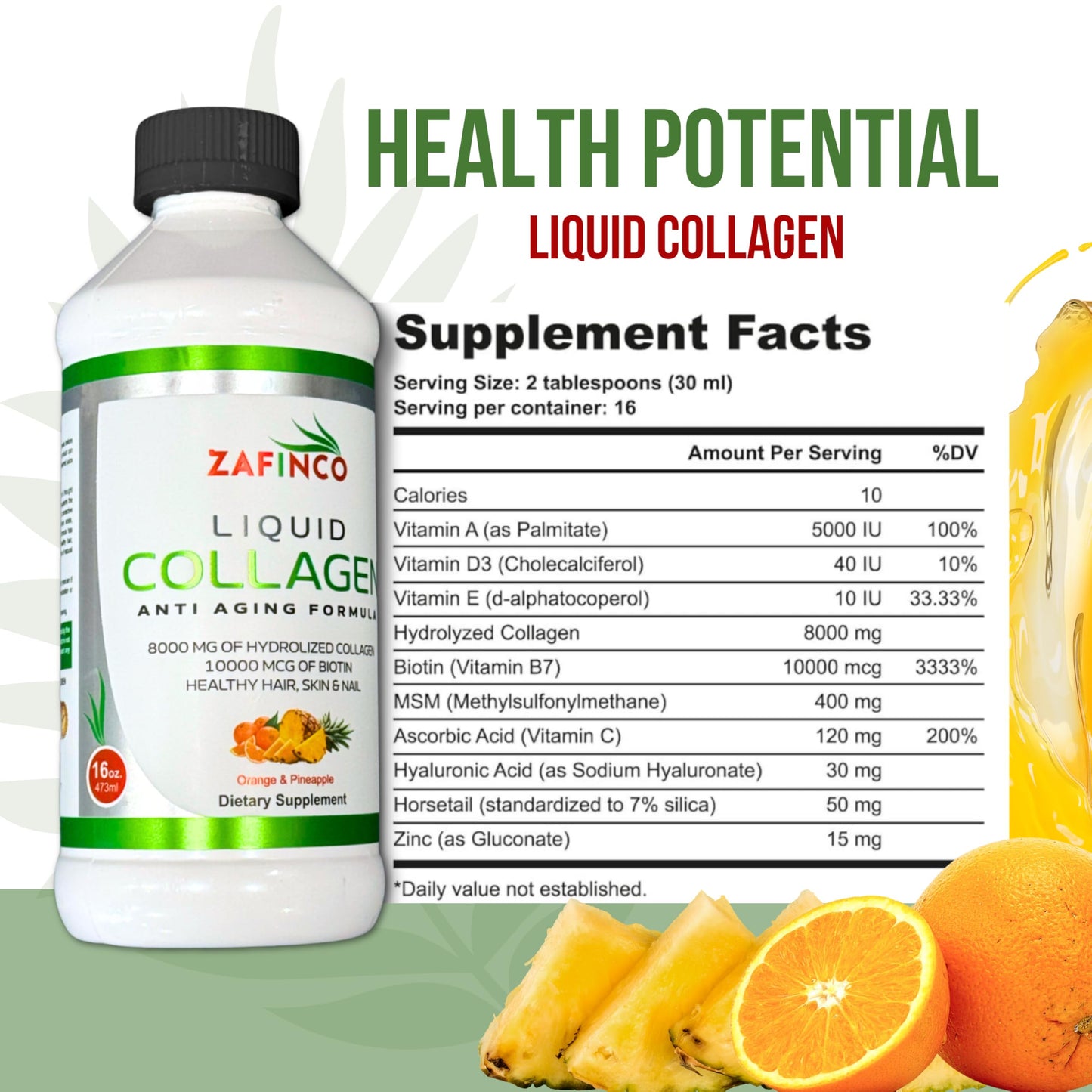 Liquid Collagen for Women & Men-Pine'O'Range Flavored Premium Grade 10000 mcg Biotin+8000 mg of Hydrolyzed Collagen for Radiant Skin Glow,Anti-Aging,Hair Growth & Nice Nails.16 fl oz-Made in USA