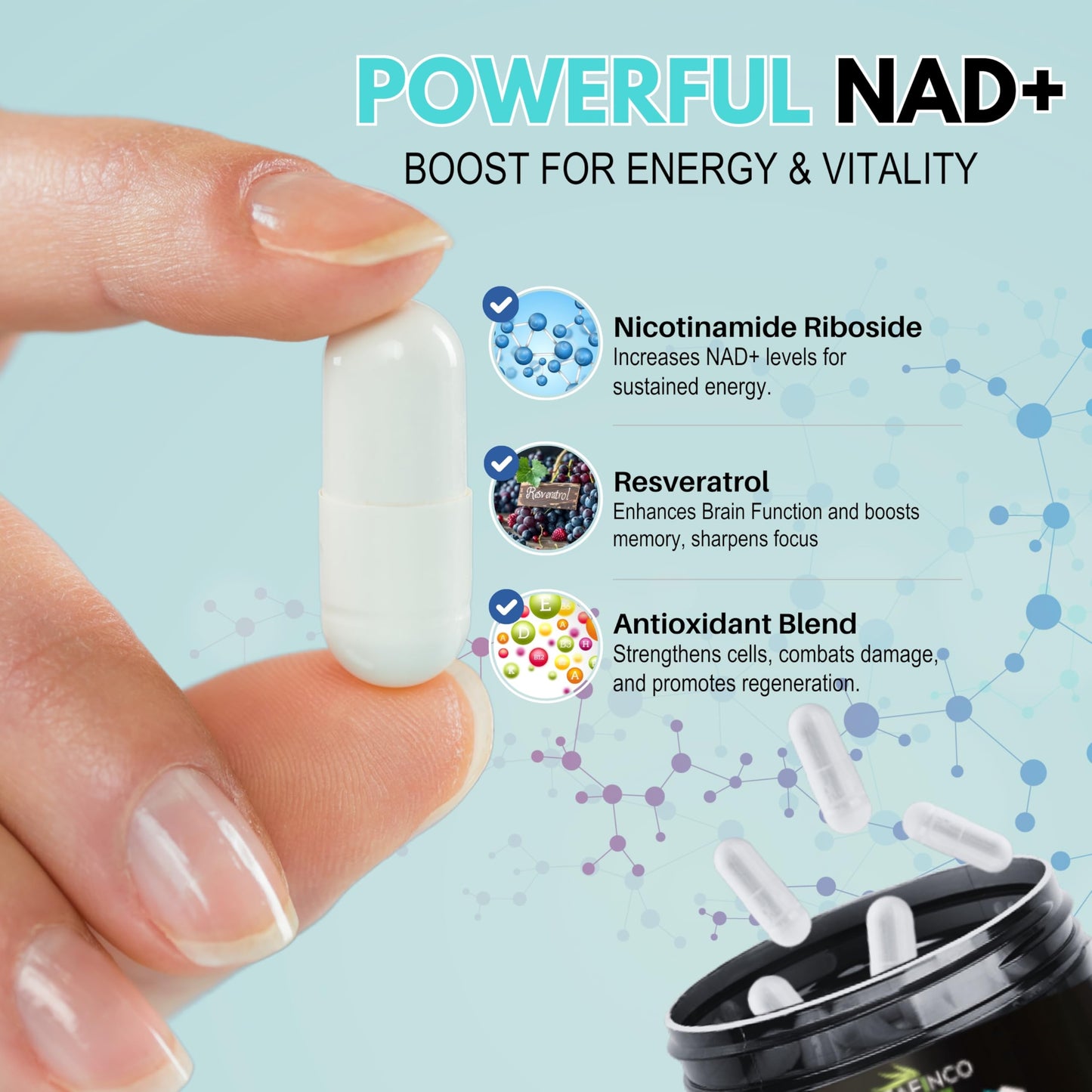 ZAFiNCO NAD Super Supplement-900 mg Extra Strength NAD Nicotinamide Resveratrol+ Bio-Quercetin Supports Anti-Aging, Energy, Focus,Cellular Health & Brain-90 Vegetarian Capsules for Men & Women