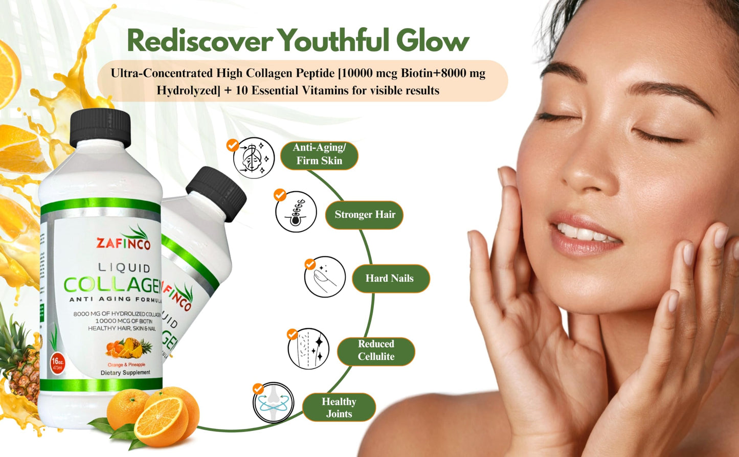 Liquid Collagen for Women & Men-Pine'O'Range Flavored Premium Grade 10000 mcg Biotin+8000 mg of Hydrolyzed Collagen for Radiant Skin Glow,Anti-Aging,Hair Growth & Nice Nails.16 fl oz-Made in USA