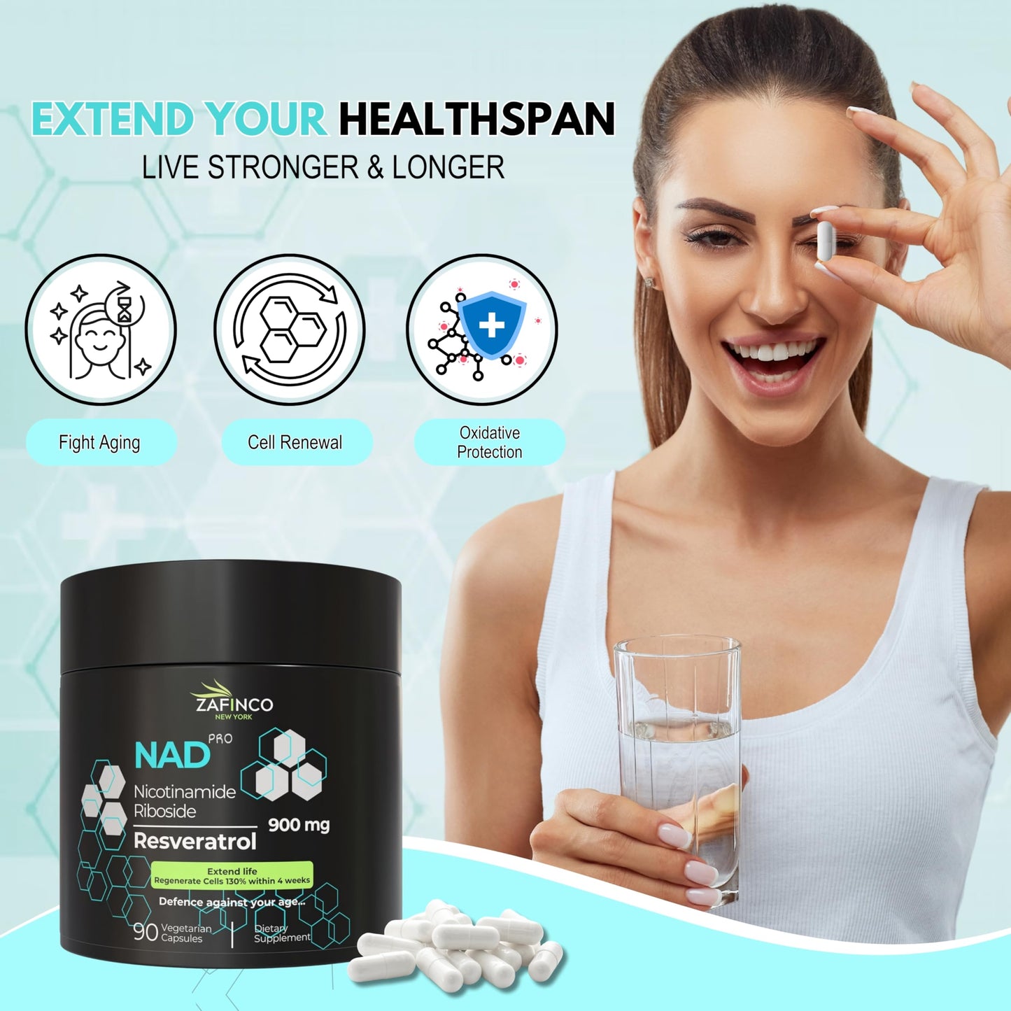 ZAFiNCO NAD Super Supplement-900 mg Extra Strength NAD Nicotinamide Resveratrol+ Bio-Quercetin Supports Anti-Aging, Energy, Focus,Cellular Health & Brain-90 Vegetarian Capsules for Men & Women