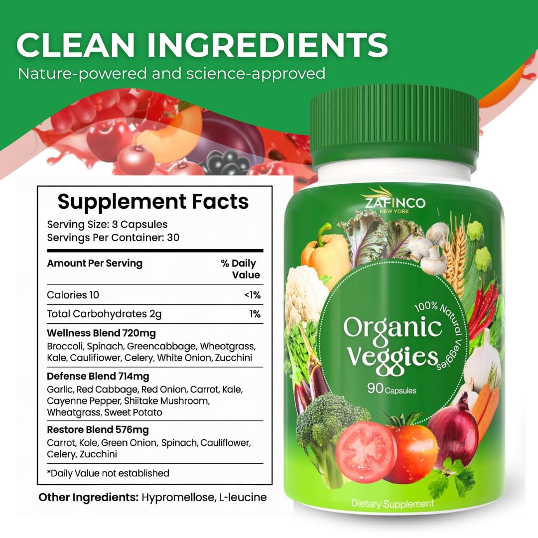 ZAFINCO Fruit and Veggies Supplement with 50 Different Fruits & Vegetables - Fruits and Vegetables Supplements with 90 Fruit Capsules, 90 Veggie Capsules, Whole Food Nutritional Supplement in One Pack