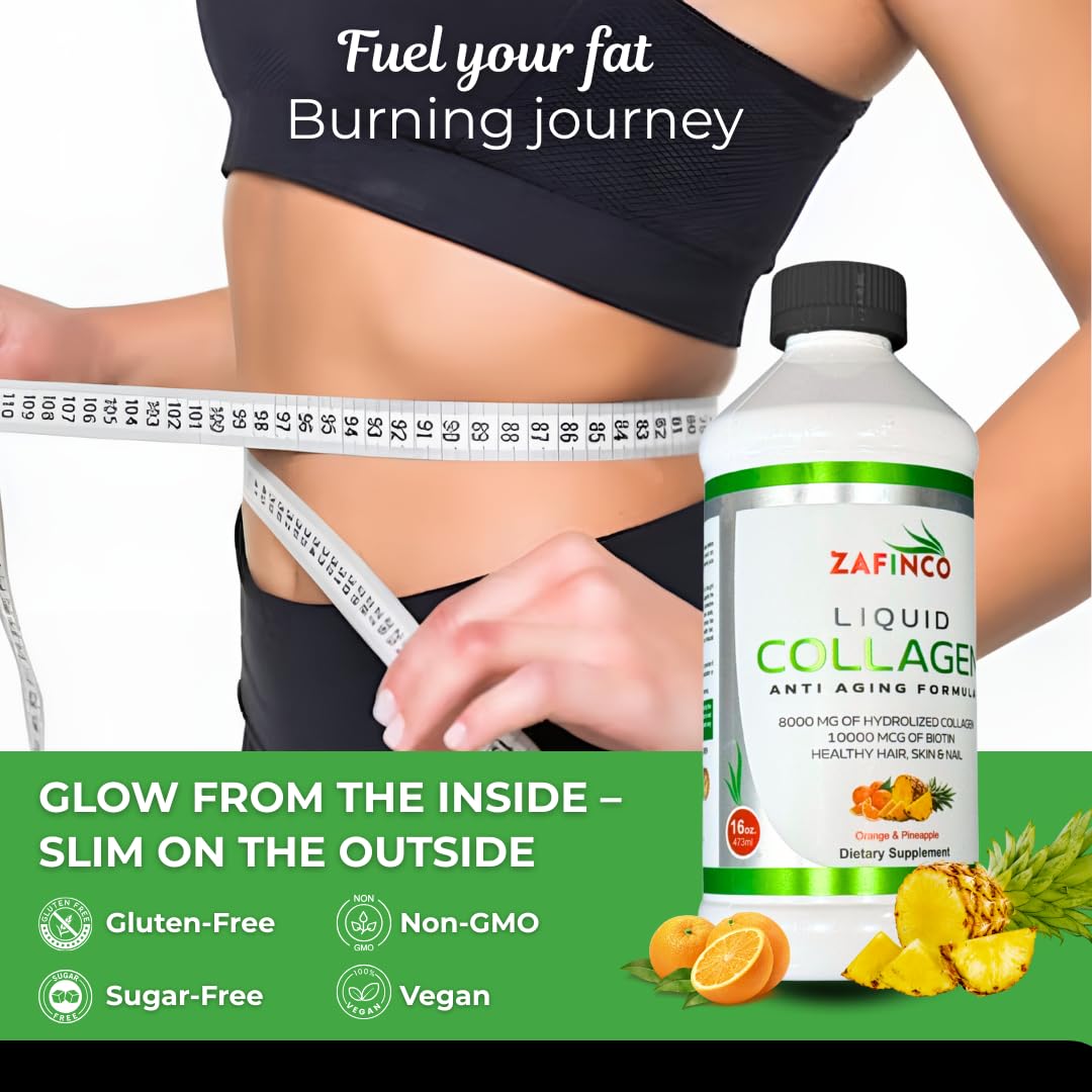 Liquid Collagen for Women & Men-Pine'O'Range Flavored Premium Grade 10000 mcg Biotin+8000 mg of Hydrolyzed Collagen for Radiant Skin Glow,Anti-Aging,Hair Growth & Nice Nails.16 fl oz-Made in USA