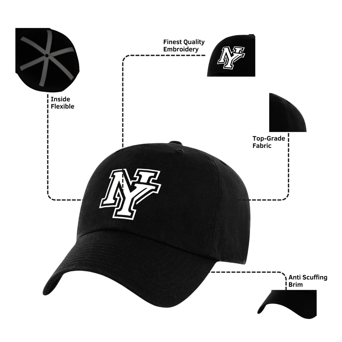 Classic NY Baseball Caps for Men and Women - 100% Cotton NY Cap with Adjustable Self Fabric Strap Closure, One Size Fits All Black