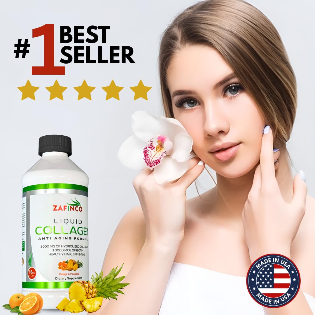 Liquid Collagen for Women & Men-Pine'O'Range Flavored Premium Grade 10000 mcg Biotin+8000 mg of Hydrolyzed Collagen for Radiant Skin Glow,Anti-Aging,Hair Growth & Nice Nails.16 fl oz-Made in USA