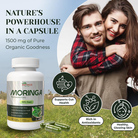 ZAFiNCO Moringa Capsules-1500 mg Organic Moringa Powder Capsules for Energy, Skin, Gut Health, Metabolism, & Immune Support, Rich in Antioxidants, Essential Vitamins & Amino Acids, 90ct