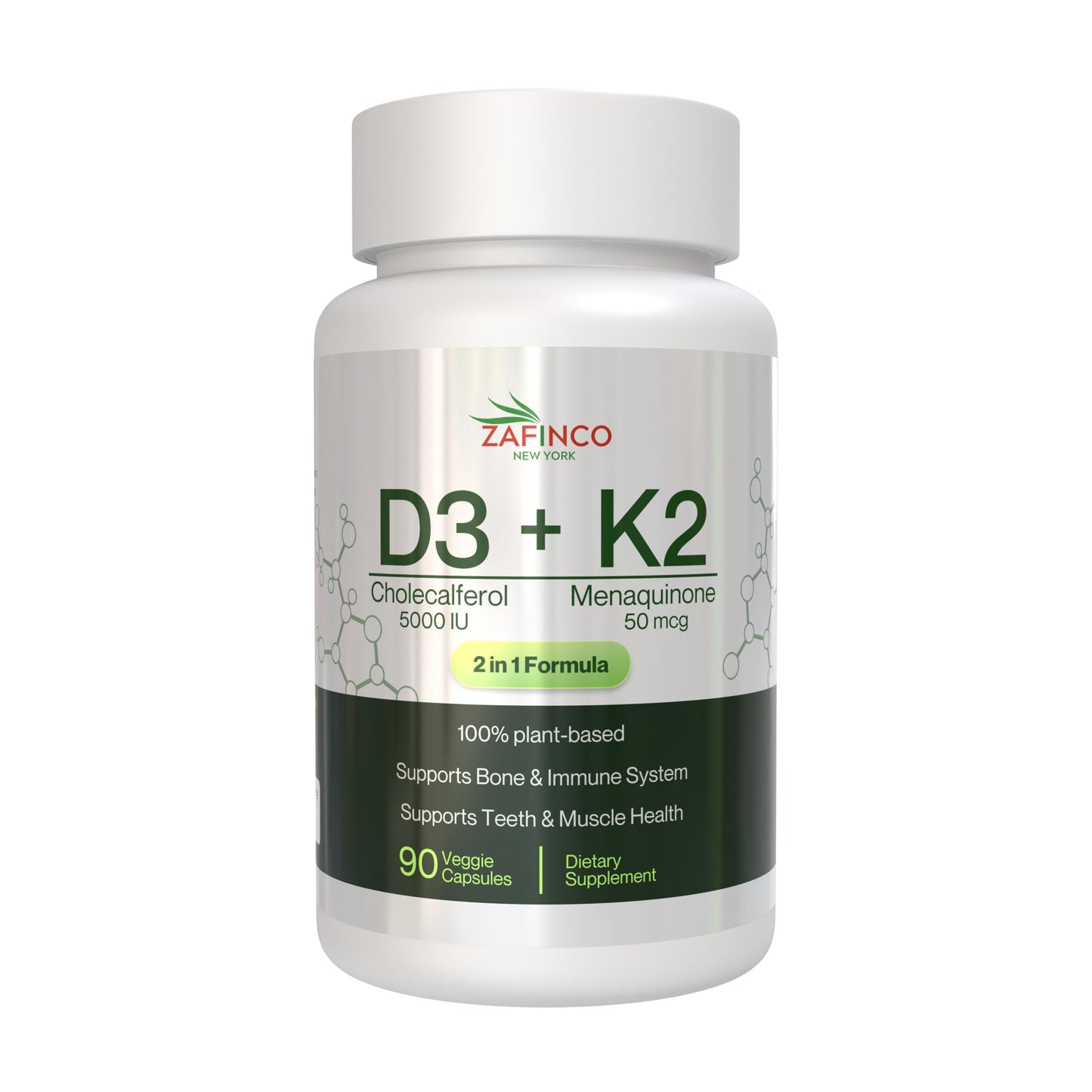 ZAFiNCO Vitamin D3-K2 5000 IU Capsules - Non-GMO Vitamin D3 & K2 Dietary Supplement with Superior Absorption - Supports Natural Energy, Immune, Bone & Muscle Health, 120 Capsules-90 Day Supply