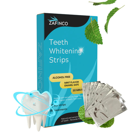 ZAFINCO Teeth Whitening Strips for a Brighter Smile - 28 Mint Flavored Sensitive Teeth Whitening Strips, Dentist Recommended,-Non Toxic, Peroxide Free & Enamel Safe - 14 Treatments, Made in USA