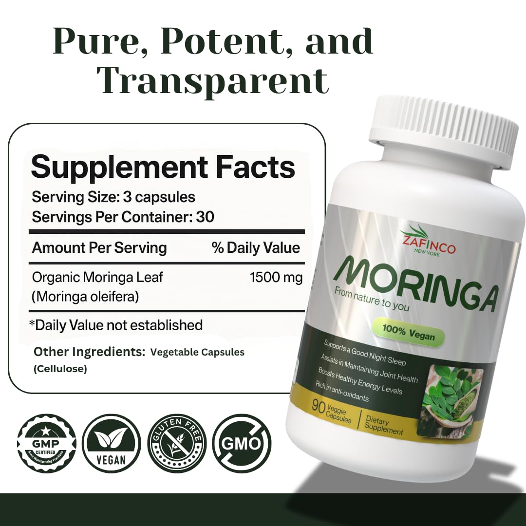 ZAFiNCO Moringa Capsules-1500 mg Organic Moringa Powder Capsules for Energy, Skin, Gut Health, Metabolism, & Immune Support, Rich in Antioxidants, Essential Vitamins & Amino Acids, 90ct